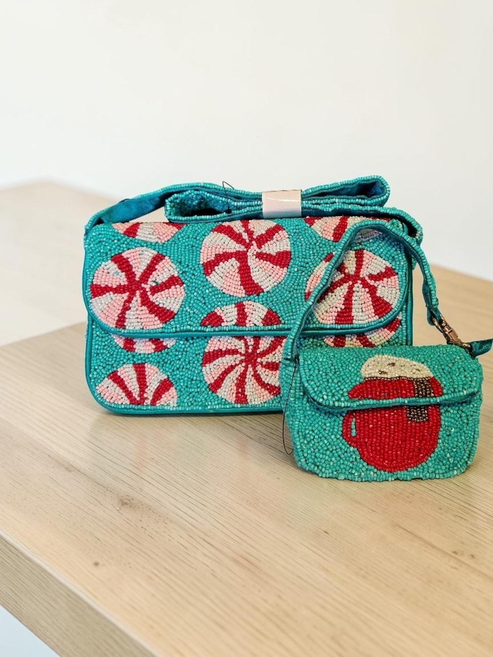 NEW Rachel Zoe Designer Peppermint Theme Beaded Shoulder & Mini Bag Set In Box